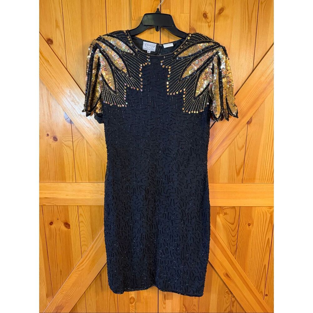 Vintage Stenay Black Silk Beaded Sequin Art Deco Cocktail Dress READ Size 10 (76